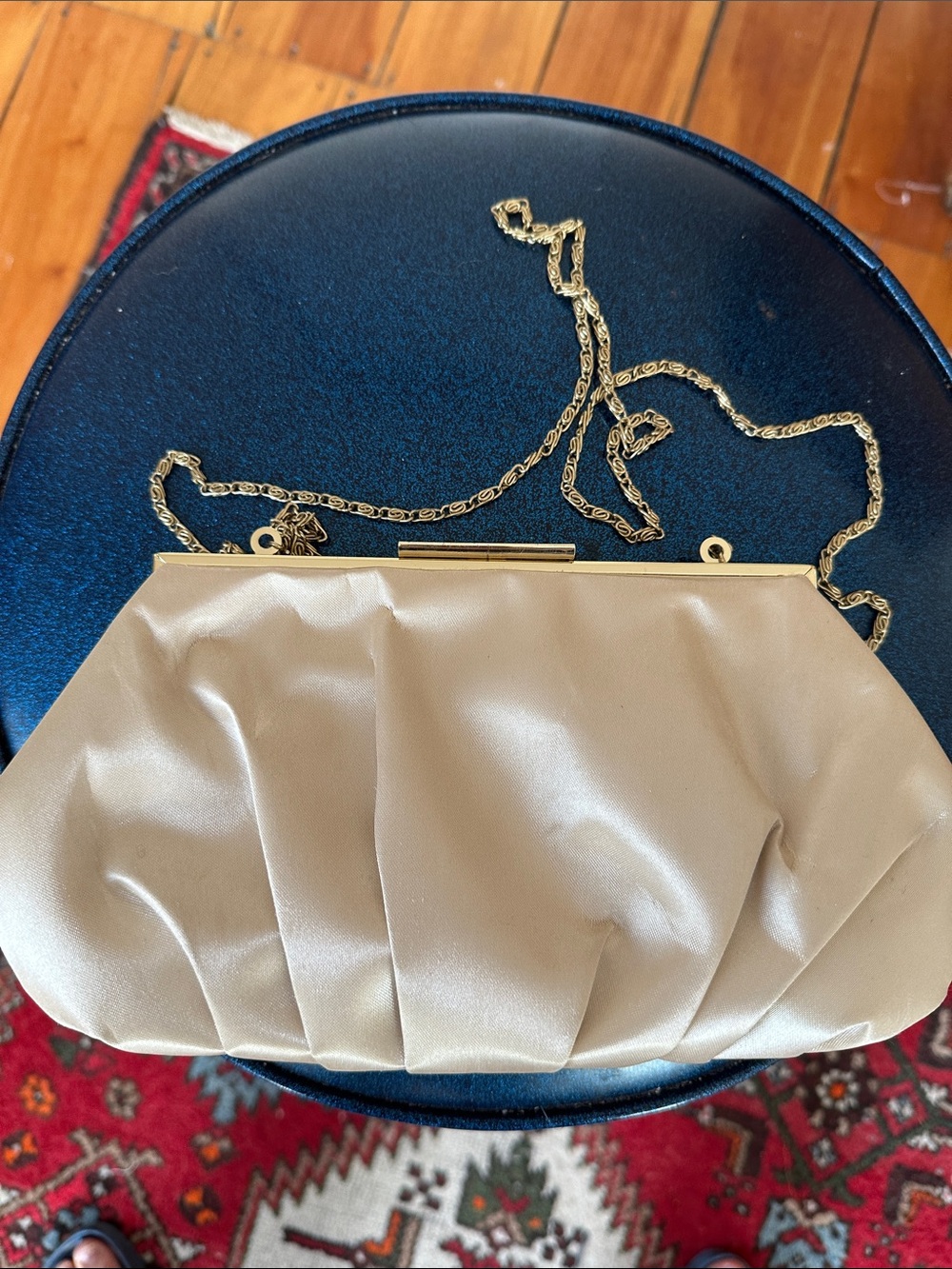 Lulu Townsend Satin Clutch in Champagne with Gold Chain